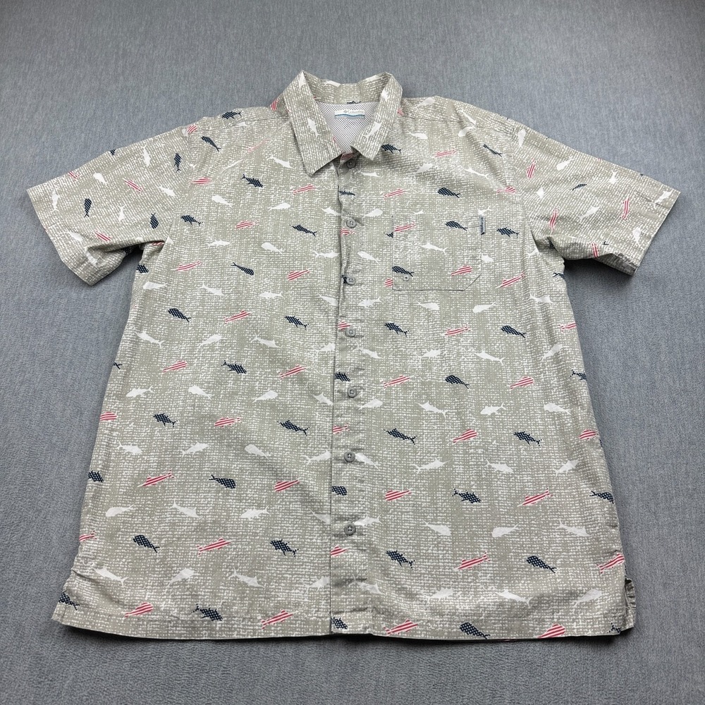 Columbia Shirt Mens Large Gray Fish Print PFG Trollers Short Sleeve Button Up